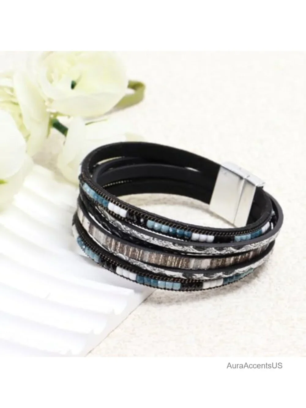 2Pcs Leather Wrap Bracelets Boho Multi-Layer Braided Stack Bracelets for Women